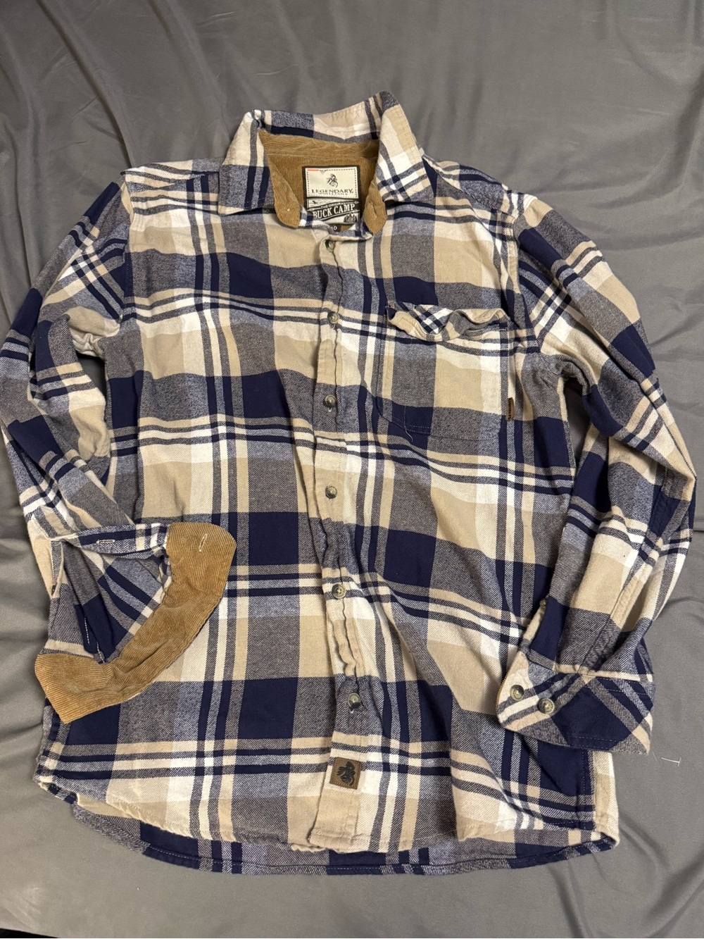 Legendary Whitetails Buck Camp Flannel Shirt Mens Medium Blue Khaki Corduroy